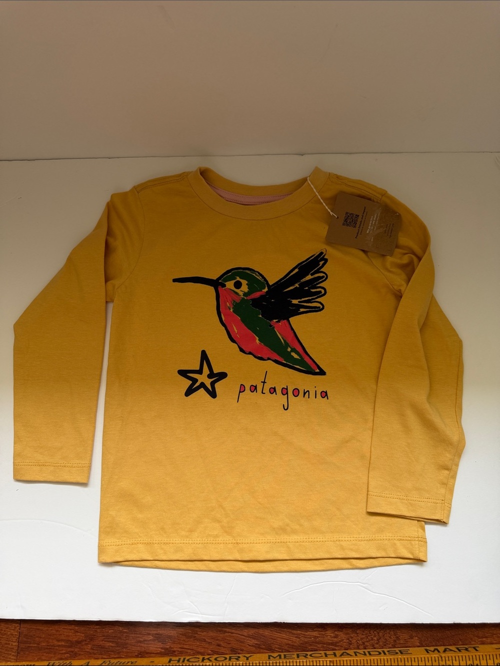 Patagonia Yellow Long-Sleeve Tee with Colorful Hummingbird